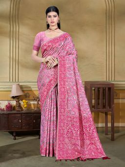 Sangam Prints - Pink Cottan Silk with Meena Woven Work Traditional Saree with Unstitched Blouse