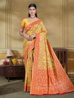 Sangam Prints - Mustard Cottan Silk with Meena Woven Work Saree with Unstitched Blouse