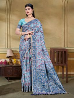 Sangam Prints - Light Blue Cottan Silk with Meena Woven Work Saree with Unstitched Blouse