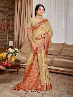 Sangam Prints - Beige Cottan Silk with Meena Woven Work Traditional Saree with Unstitched Blouse