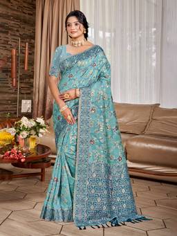 Sangam Prints - Sky Blue Cottan Silk with Meena Woven Work Saree with Unstitched Blouse