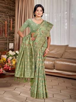 Sangam Prints - Green Cottan Silk with Meena Woven Work Traditional Saree with Unstitched Blouse
