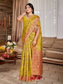 Sangam Prints - Yellow Cottan Silk with Meena Woven Work Traditional Saree with Unstitched Blouse