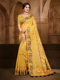 Sangam Prints - Yellow Cotton Silk with Meena Woven Work Traditional Saree with Unstitched Blouse
