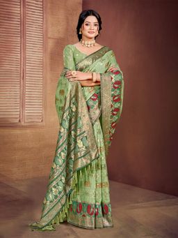 Sangam Prints - Light Green Cottan Silk with Meena Woven Work Saree with Unstitched Blouse