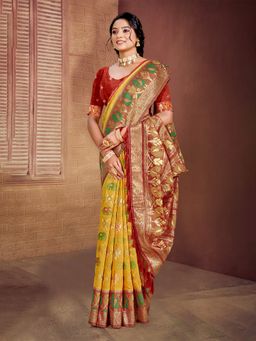 Sangam Prints - Yellow Cottan Silk with Meena Woven Work Traditional Saree with Unstitched Blouse