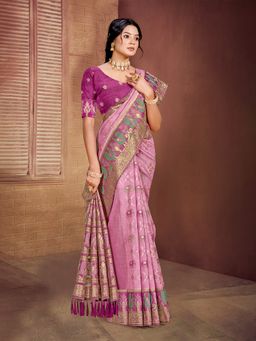 Sangam Prints - Light Pink Cottan Silk with Meena Woven Work Saree with Unstitched Blouse