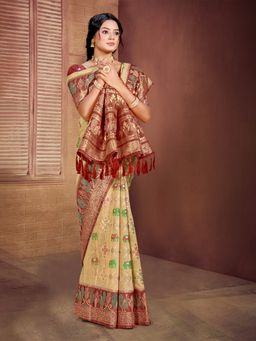 Sangam Prints - Beige Cottan Silk with Meena Woven Work Traditional Saree with Unstitched Blouse