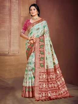 Sangam Prints - Aqua Blue Cottan Silk with Meena Woven Work Saree with Unstitched Blouse