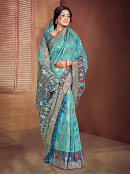 Sangam Prints - Sky Blue Cottan Silk with Meena Woven Work Saree with Unstitched Blouse