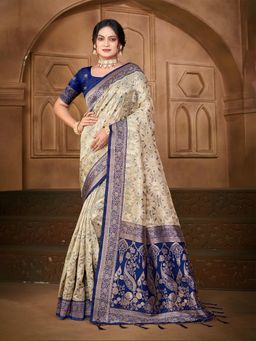 Sangam Prints - Beige Cotton Silk with Meena Woven Work Saree with Unstitched Blouse