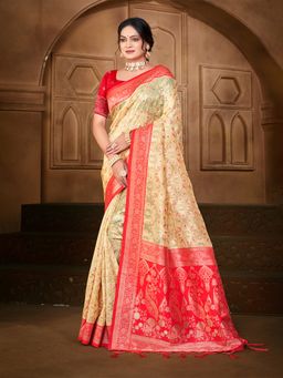Sangam Prints - Cream Cotton Silk with Meena Woven Work Traditional Saree with Unstitched Blouse