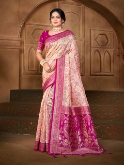 Sangam Prints - Peach Cotton Silk with Meena Woven Work Traditional Saree with Unstitched Blouse