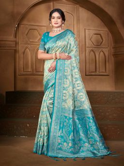 Sangam Prints - Light Blue Cotton Silk with Meena Woven Work Saree with Unstitched Blouse