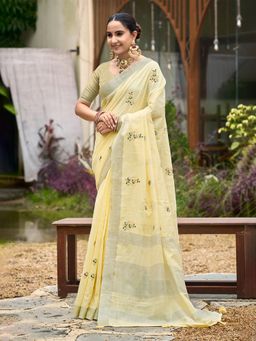 Sangam Prints - Yellow Linen Woven Work Traditional Saree with Unstitched Blouse