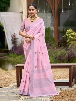 Sangam Prints - Baby Pink Linen Woven Work Traditional Saree with Unstitched Blouse