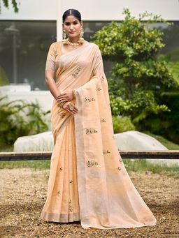 Sangam Prints - Light Peach Linen Woven Work Traditional Saree with Unstitched Blouse
