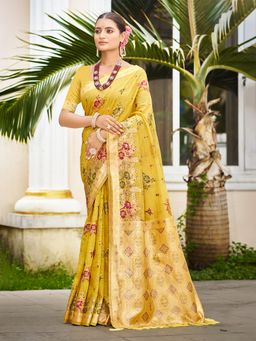 Sangam Prints - Yellow Cottan Silk with Meena Woven Work Traditional Saree with Unstitched Blouse