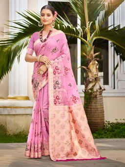 Sangam Prints - Pink Cottan Silk with Meena Woven Work Traditional Saree with Unstitched Blouse