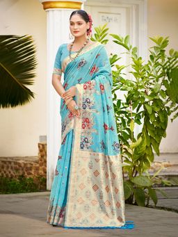 Sangam Prints - Sky Blue Cottan Silk with Meena Woven Work Saree with Unstitched Blouse