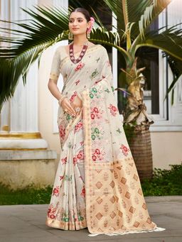 Sangam Prints - Off-White Cottan Silk with Meena Woven Work Saree with Unstitched Blouse