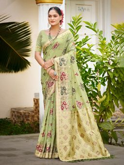 Sangam Prints - Light Green Cottan Silk with Meena Woven Work Saree with Unstitched Blouse