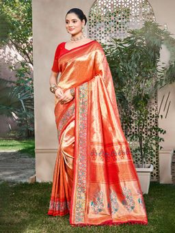 Sangam Prints - Orange Kanjivaram Silk Woven Work Traditional Saree with Unstitched Blouse