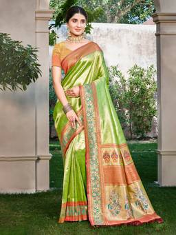 Sangam Prints - Green Kanjivaram Silk Woven Work Traditional Saree with Unstitched Blouse