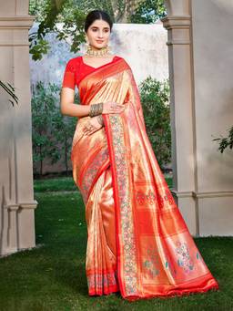 Sangam Prints - Red Kanjivaram Silk Woven Work Traditional Saree with Unstitched Blouse