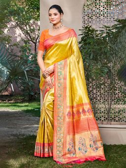 Sangam Prints - Yellow Kanjivaram Silk Woven Work Traditional Saree with Unstitched Blouse