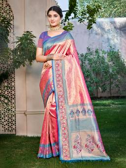 Sangam Prints - Pink Kanjivaram Silk Woven Work Traditional Saree with Unstitched Blouse