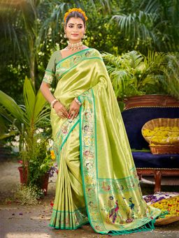 Sangam Prints - Parrot Green Silk Woven Work Traditional Saree with Unstitched Blouse