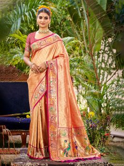 Sangam Prints - Orange Silk Woven Work Traditional Saree with Unstitched Blouse
