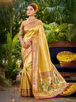 Sangam Prints - Yellow Silk Woven Work Traditional Saree with Unstitched Blouse