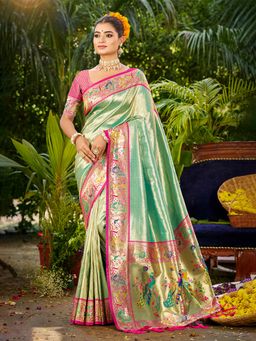 Sangam Prints - Dark Green Silk Woven Work Traditional Saree with Unstitched Blouse