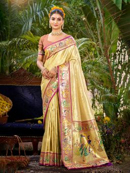 Sangam Prints - Beige Silk Woven Work Traditional Saree with Unstitched Blouse
