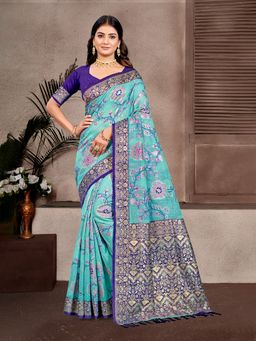 Sangam Prints - Sky Blue Cottan Silk with Meena Woven Work Saree with Unstitched Blouse