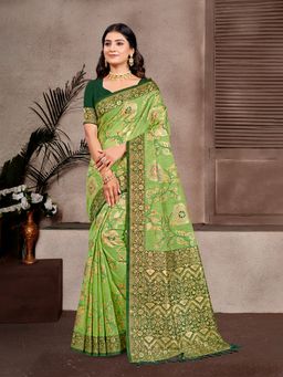 Sangam Prints - Light Green Cottan Silk with Meena Woven Work Saree with Unstitched Blouse