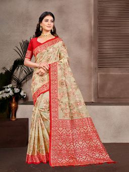 Sangam Prints - Beige Cottan Silk with Meena Woven Work Traditional Saree with Unstitched Blouse