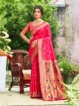 Sangam Prints - Rani Pink Silk Woven Work Traditional Saree with Unstitched Blouse