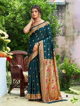 Sangam Prints - Teal Blue Silk Woven Work Traditional Saree with Unstitched Blouse