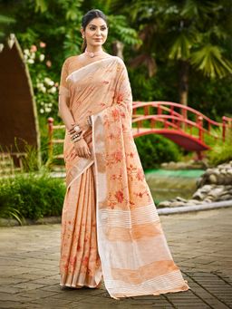 Sangam Prints - Peach Linen Woven Work Traditional Saree with Unstitched Blouse