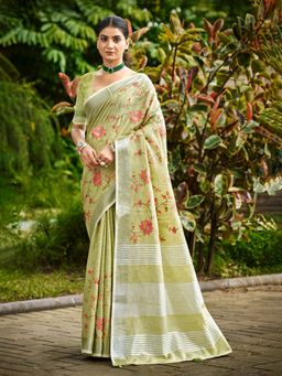 Sangam Prints - Lime Green Linen Woven Work Traditional Saree with Unstitched Blouse