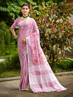 Sangam Prints - Onion Pink Linen Woven Work Traditional Saree with Unstitched Blouse