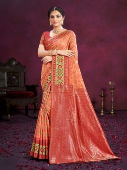 Sangam Prints - Dark Peach Cotton Silk with Meena Woven Work Saree with Unstitched Blouse