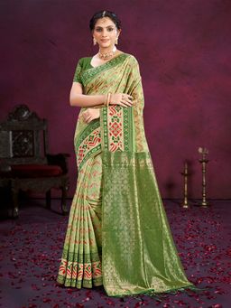Sangam Prints - Light Green Cotton Silk with Meena Woven Work Saree with Unstitched Blouse