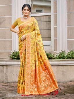 Sangam Prints - Yellow Cottan Silk with Meena Woven Work Traditional Saree with Unstitched Blouse