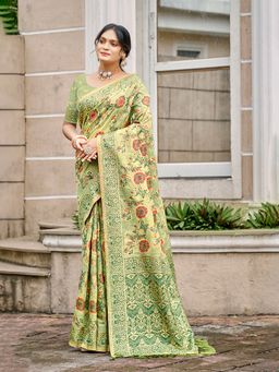 Sangam Prints - Green Cottan Silk with Meena Woven Work Traditional Saree with Unstitched Blouse