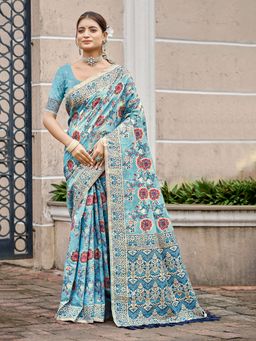 Sangam Prints - Sky Blue Cottan Silk with Meena Woven Work Saree with Unstitched Blouse