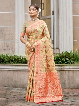 Sangam Prints - Cream Cottan Silk with Meena Woven Work Traditional Saree with Unstitched Blouse
